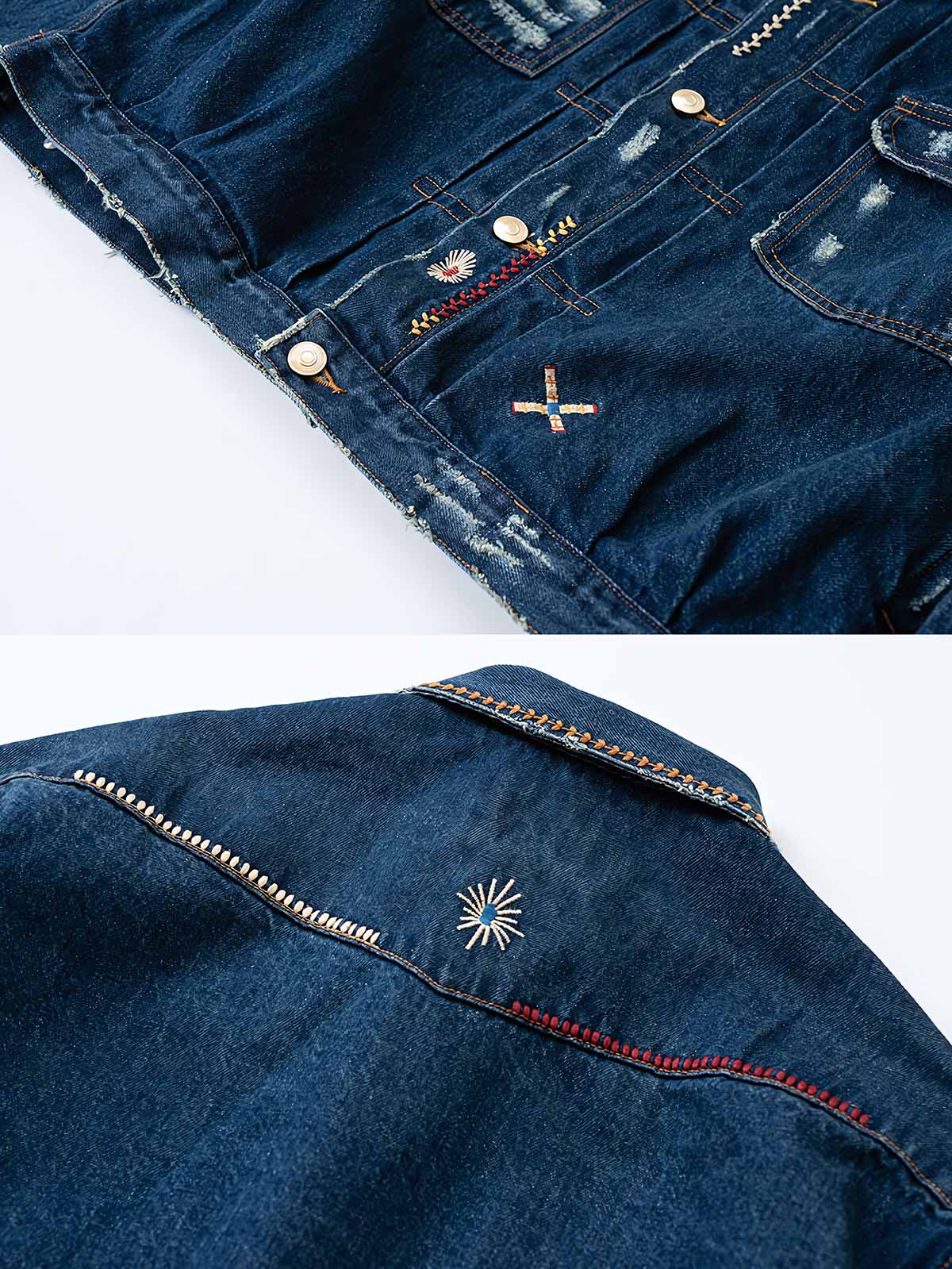 製品画像: ヴィンテージインディアンサンダーバード刺繍デニムジャケットの全体画像
詳細画像: インディアンサンダーバード刺繍ディテールとウォッシュ加工された立体的なカットの詳細画像