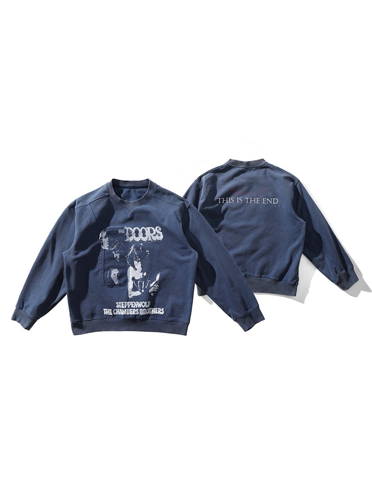 製品画像: ザ・ドアーズをテーマにしたヴィンテージウォッシュプリントスウェットシャツの正面画像
詳細画像: カットアウトデザインとプリントのディテールクローズアップ