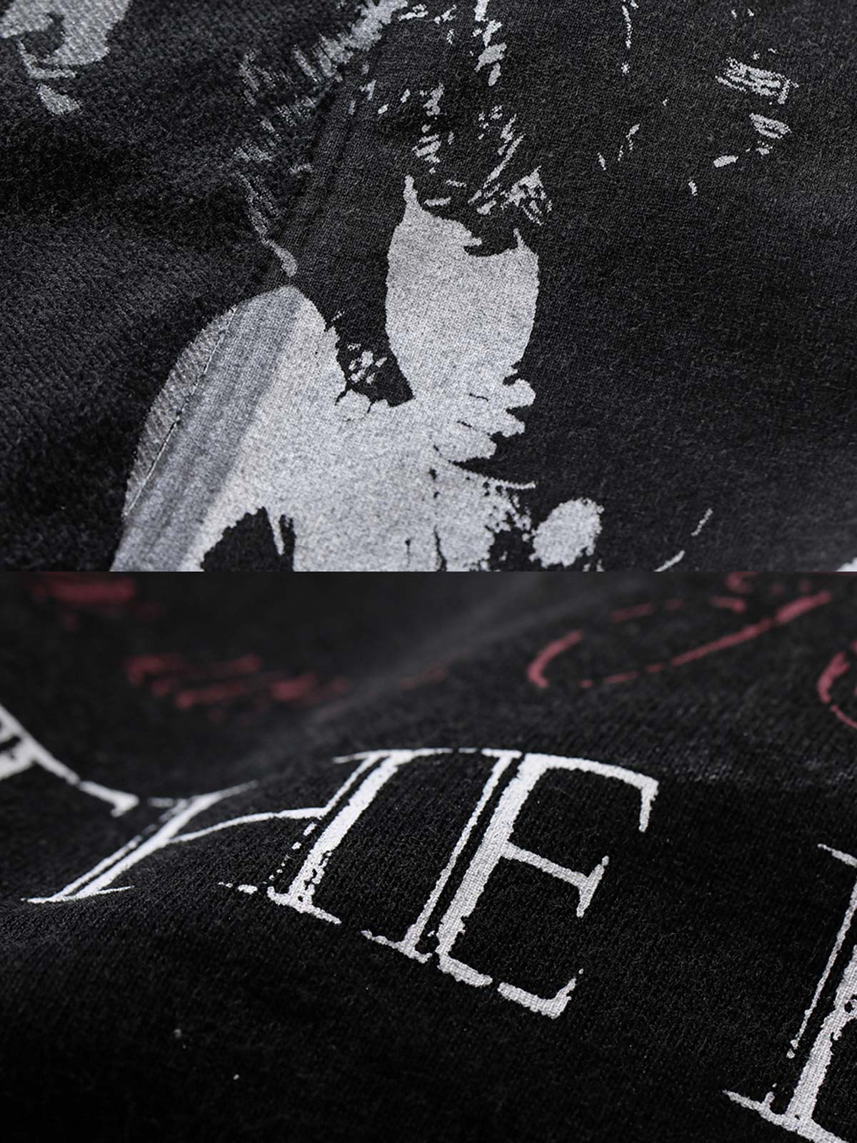 製品画像: ザ・ドアーズをテーマにしたヴィンテージウォッシュプリントスウェットシャツの正面画像
詳細画像: カットアウトデザインとプリントのディテールクローズアップ