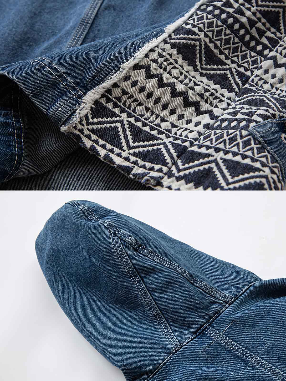 製品画像: エスニック柄パッチワークデニムフード付きジャケットの全体画像
詳細画像: 胸元の紐デザインと大容量ポケットのディテール画像