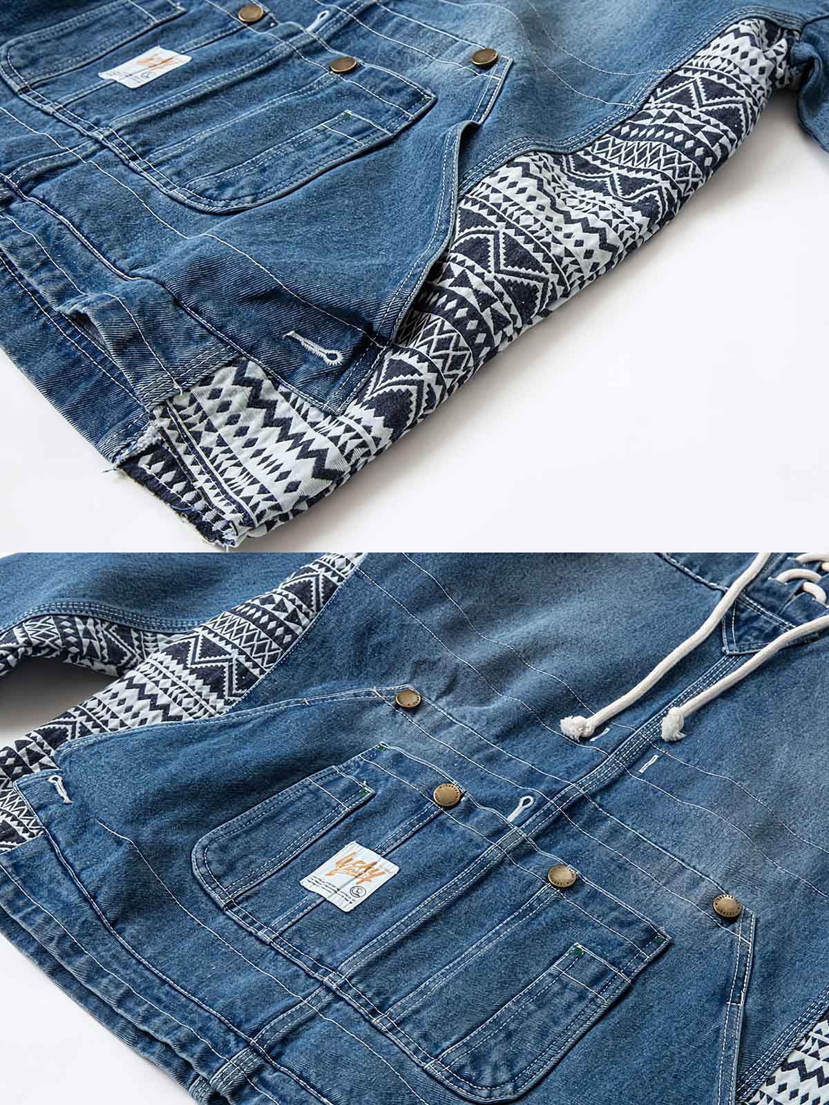 製品画像: エスニック柄パッチワークデニムフード付きジャケットの全体画像
詳細画像: 胸元の紐デザインと大容量ポケットのディテール画像
