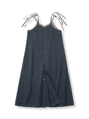 アメリカンワークスタイルのブラウンカフェチェックパッチワークコットンリネンジャンパースカートを展示。