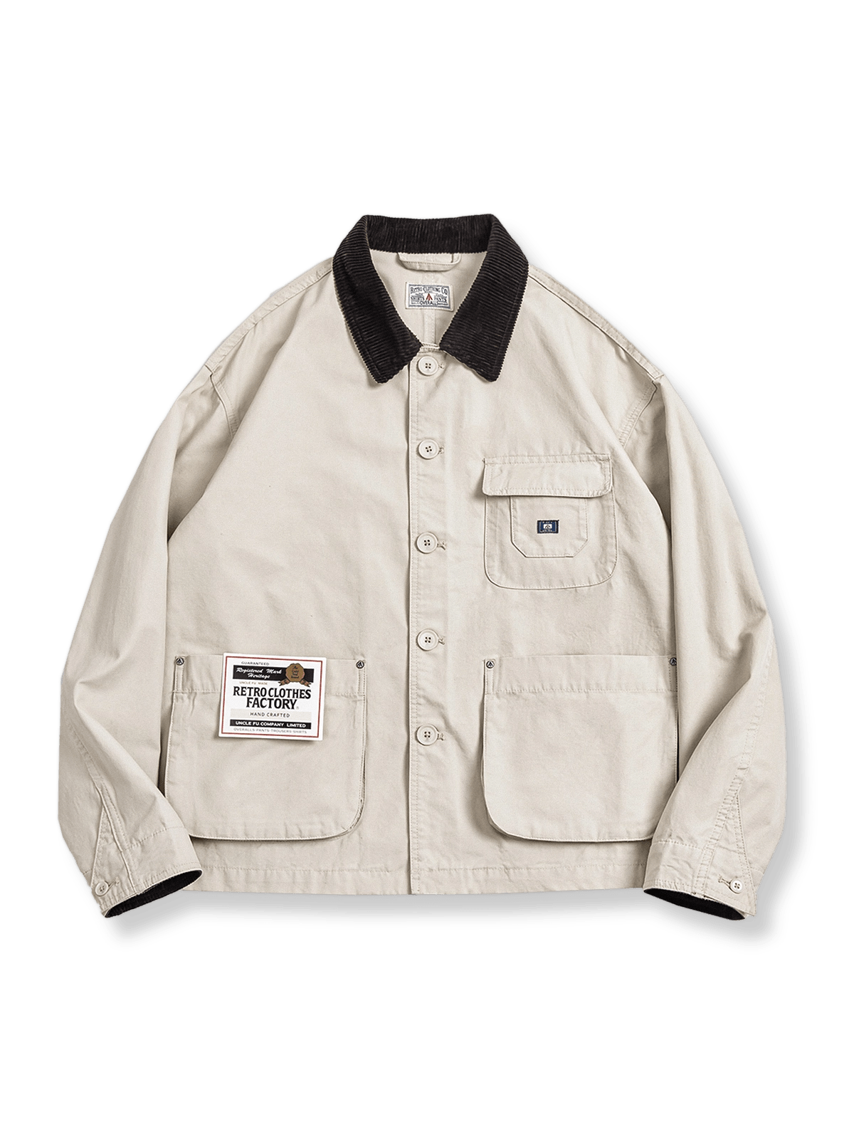 コーデュロイパッチワークミシガンワークジャケット全景、ジャケットの全体的なデザインとパッチワークの詳細を示す。