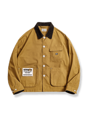 コーデュロイパッチワークミシガンワークジャケット全景、ジャケットの全体的なデザインとパッチワークの詳細を示す。