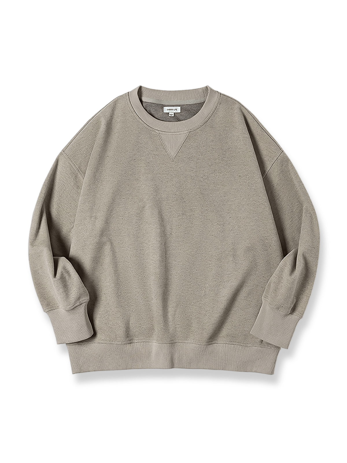 グレーのクルーネックドロップショルダースウェットシャツ正面展示