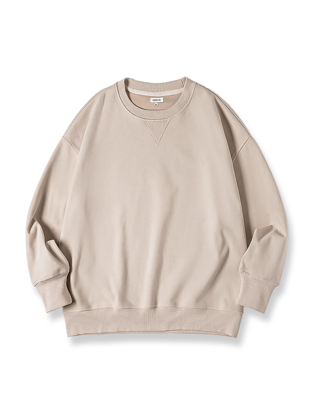 グレーのクルーネックドロップショルダースウェットシャツ正面展示