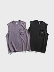 紫色のウォッシュ加工刺繍ロゴノースリーブタンクトップ正面展示