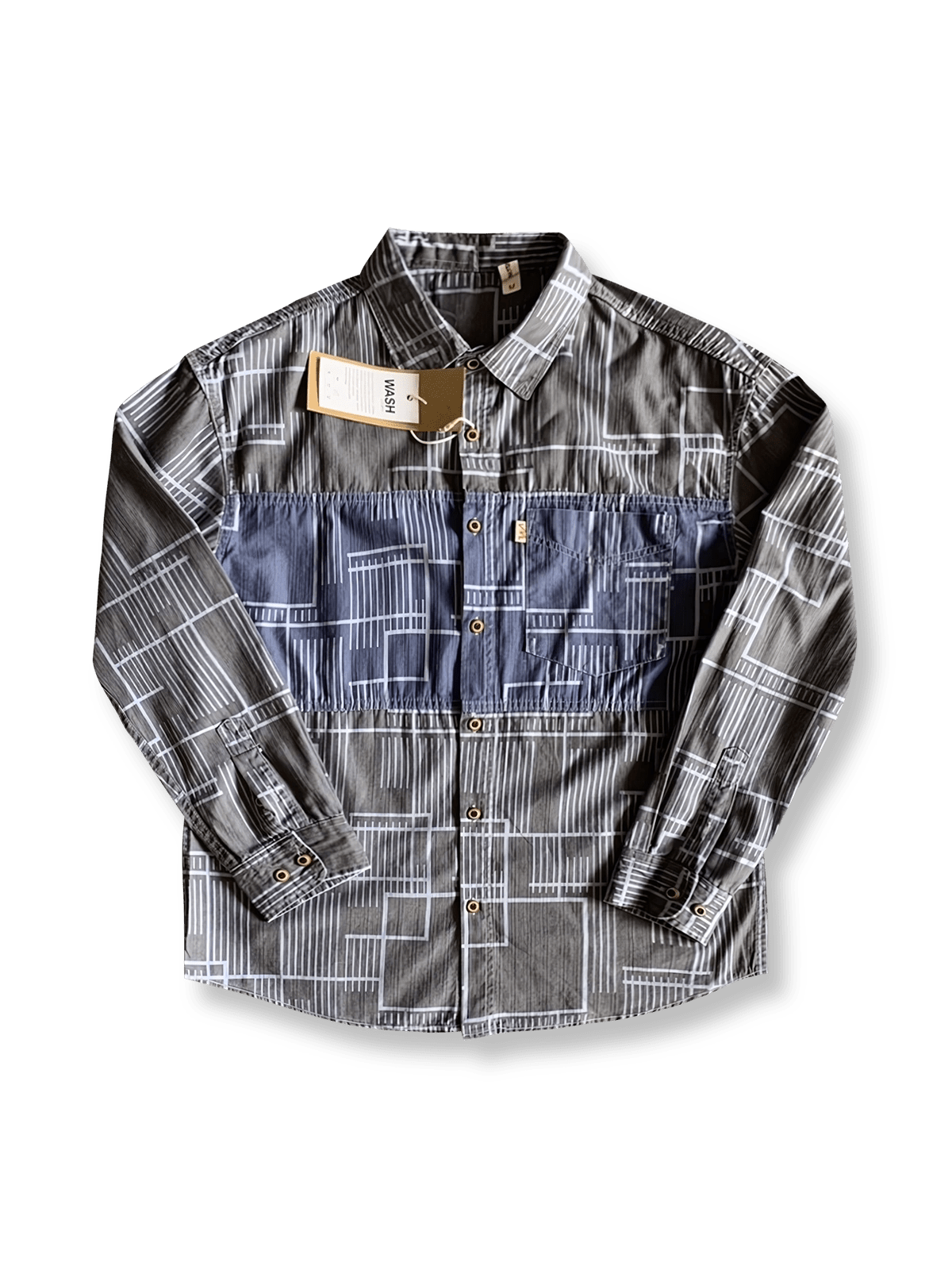 ジオメトリックシェイプ柄パッチワークシャツの全体画像