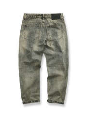 製品画像：レトロなルーズフィットのウォッシュドサンドカラーデニムパンツ
詳細画像：クラシックなサンドカラーデニムのディテール展示