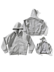 製品画像: グレーのエアレイヤースタイルカットフード付きパーカの正面展示
詳細画像: ダブルジップメタルファスナーと三角カットデザインのディテール展示