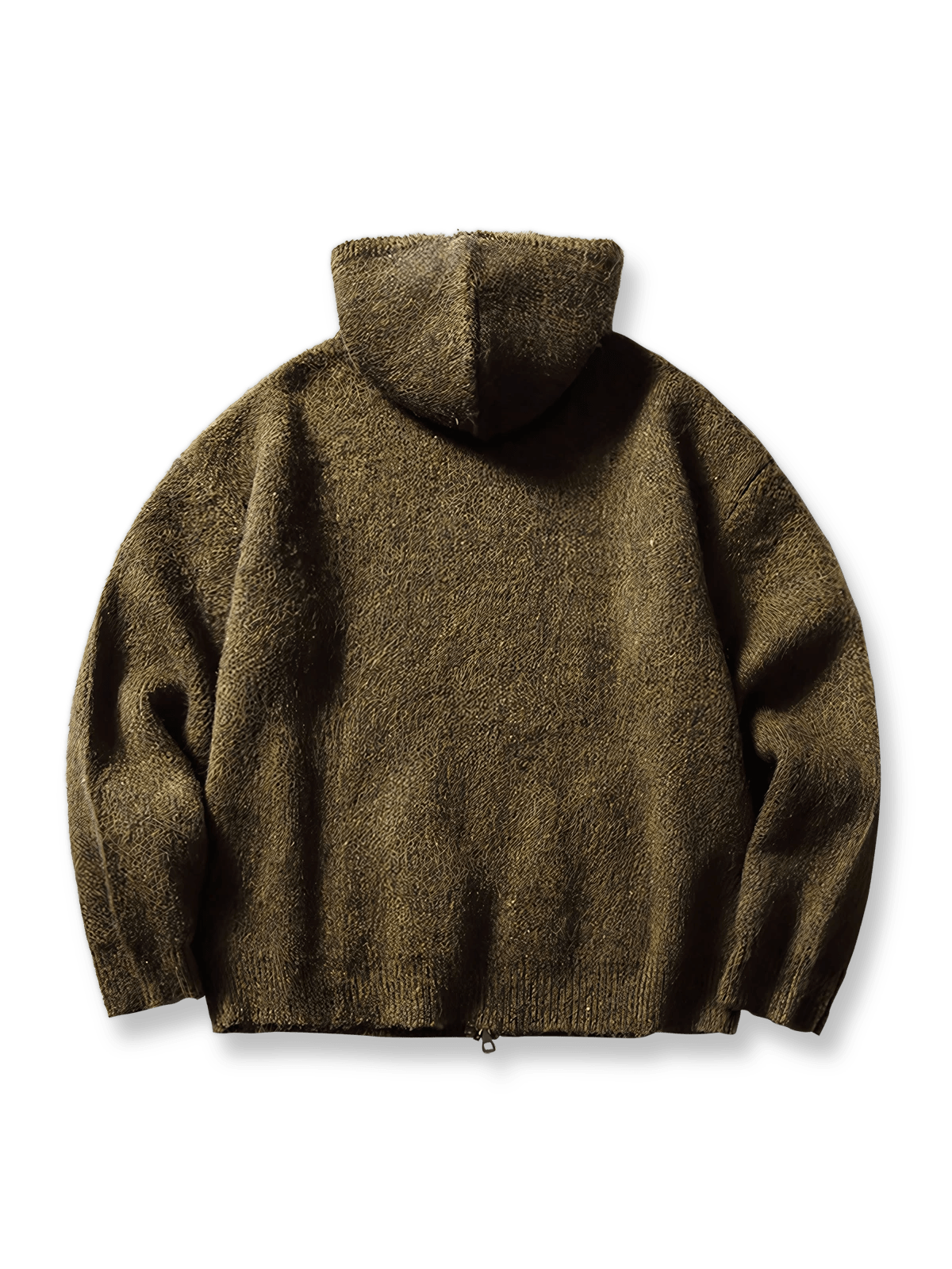 製品画像: ウール混紡フード付きニットカーディガンジャケットの正面画像
詳細画像: ニットのテクスチャーとジッパーのディテール