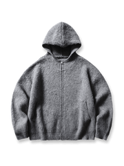 製品画像: ウール混紡フード付きニットカーディガンジャケットの正面画像
詳細画像: ニットのテクスチャーとジッパーのディテール