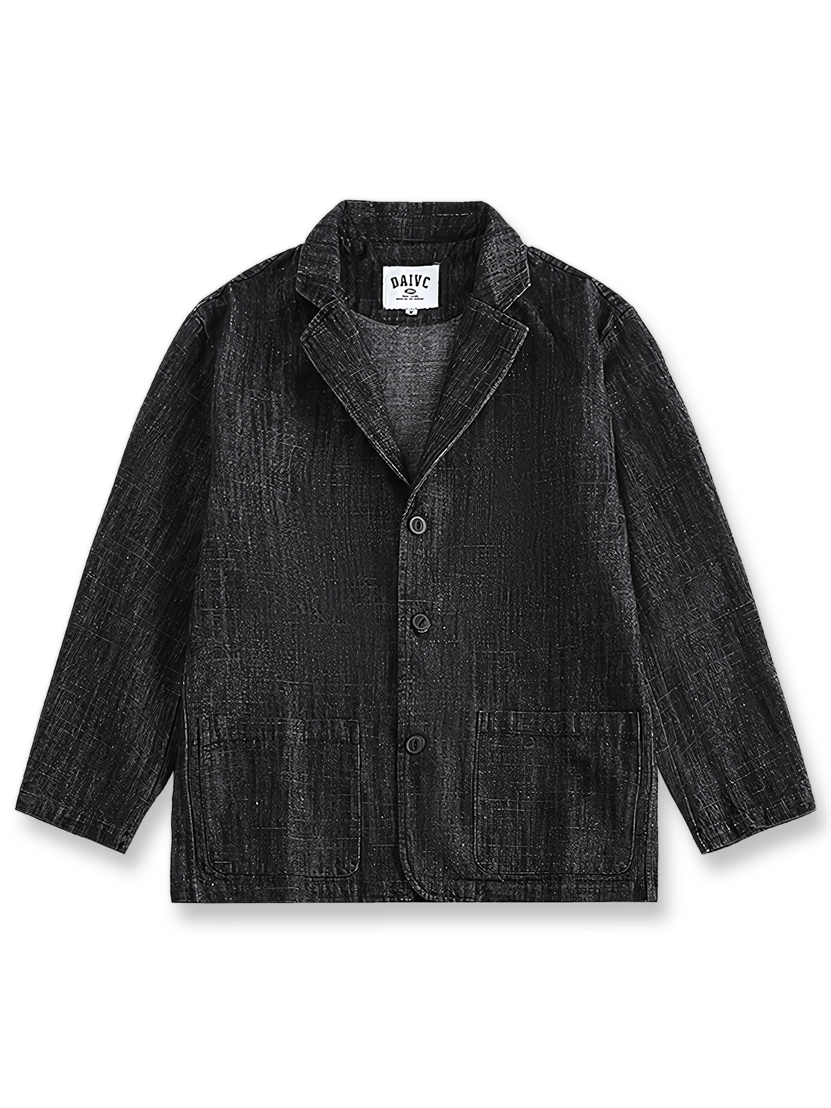 製品画像：クラシックレトロ風デニムジャケットの全体像、80%コットンと20%ポリエステルの混紡素材で構成
詳細画像：ヘリンボーン柄のディテールと大容量ポケットが特徴のレトロ風デニムジャケットの生地の質感