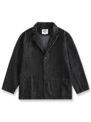 製品画像：クラシックレトロ風デニムジャケットの全体像、80%コットンと20%ポリエステルの混紡素材で構成
詳細画像：ヘリンボーン柄のディテールと大容量ポケットが特徴のレトロ風デニムジャケットの生地の質感