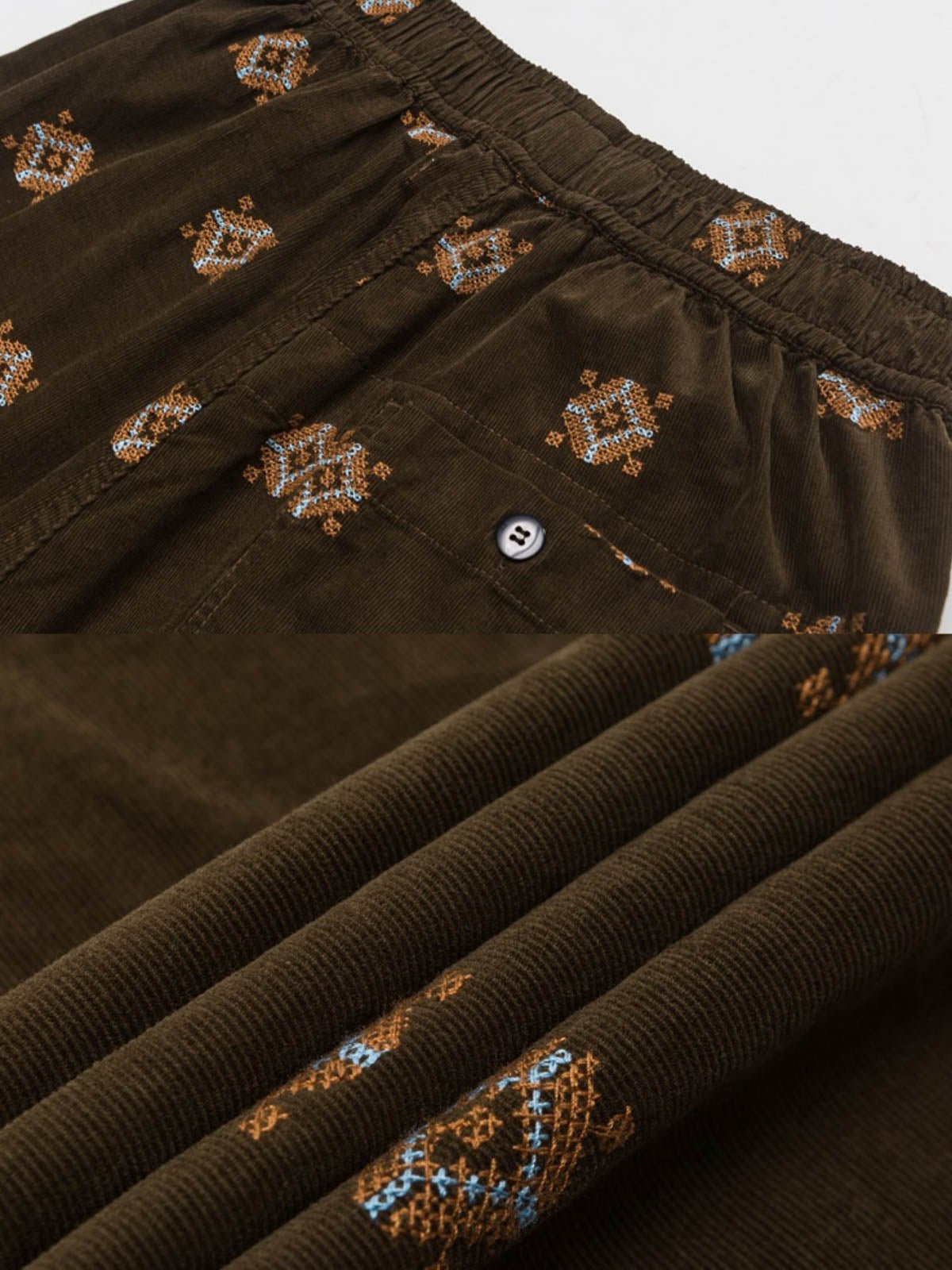 パンツのトーテム刺繍部分のクローズアップ。