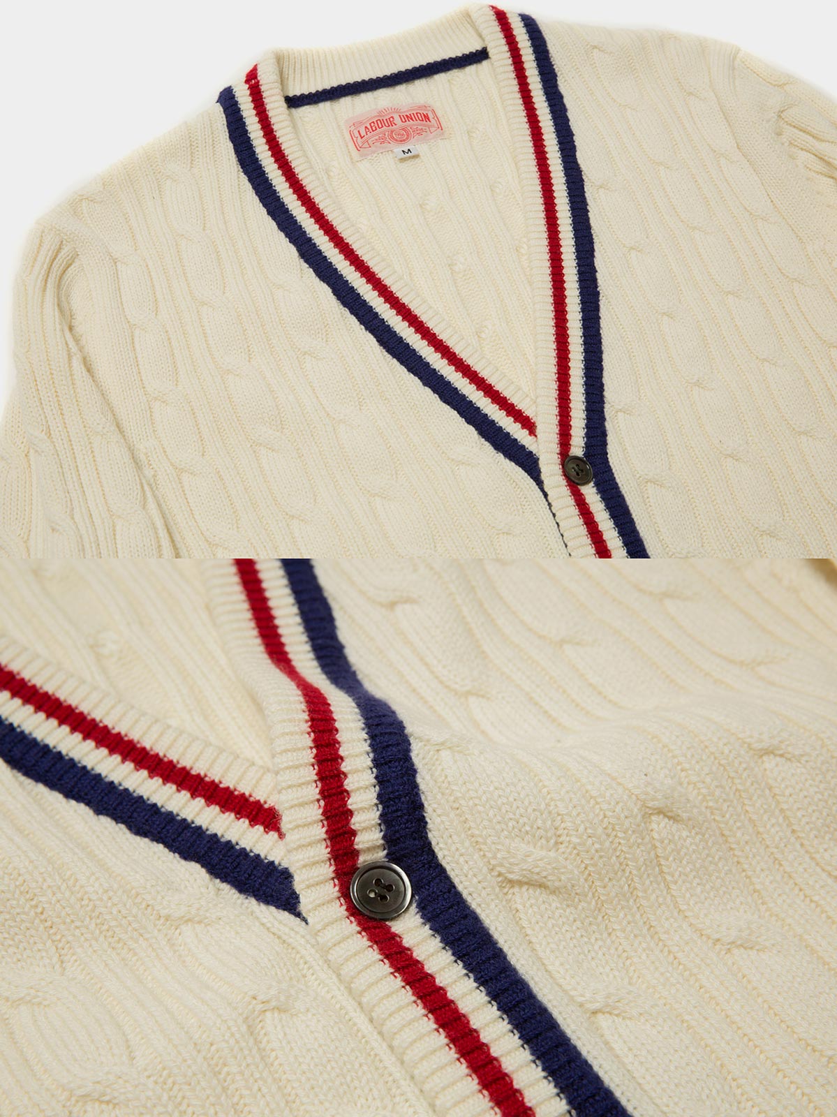 製品画像: ヴィンテージアイビー風クリケットセーター全体画像、Vネックとストライプデザインが特徴
詳細画像: クリケットセーターのストライプとVネックディテール、コットンカシミヤ混紡素材の質感