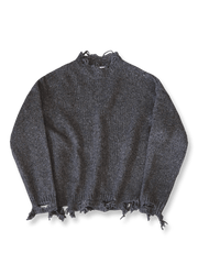 製品画像: ヴィンテージ風のウールダメージ加工ニットプルオーバー、ハイネックデザインの全体画像
詳細画像: カラーヤーンとダメージ加工のディテールが分かる画像