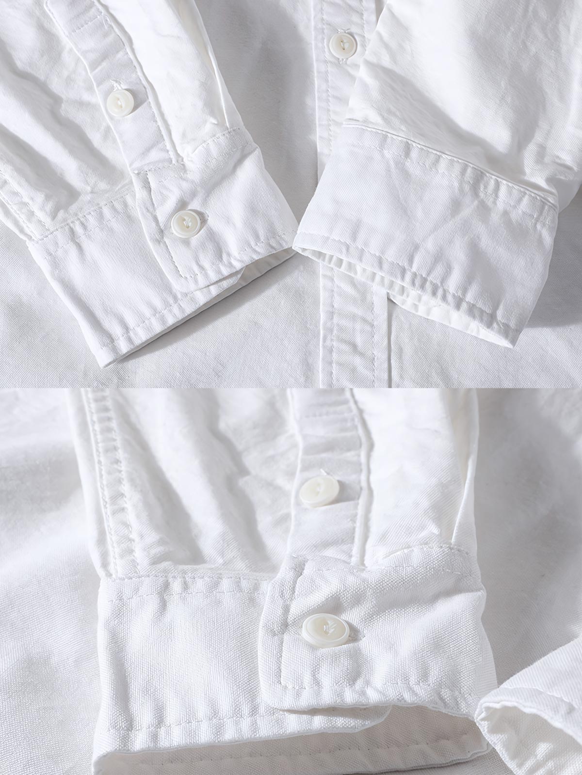 製品画像: クラシックホワイトオックスフォード長袖シャツ全体展示 詳細画像: シャツのディテールと生地の質感をクローズアップ