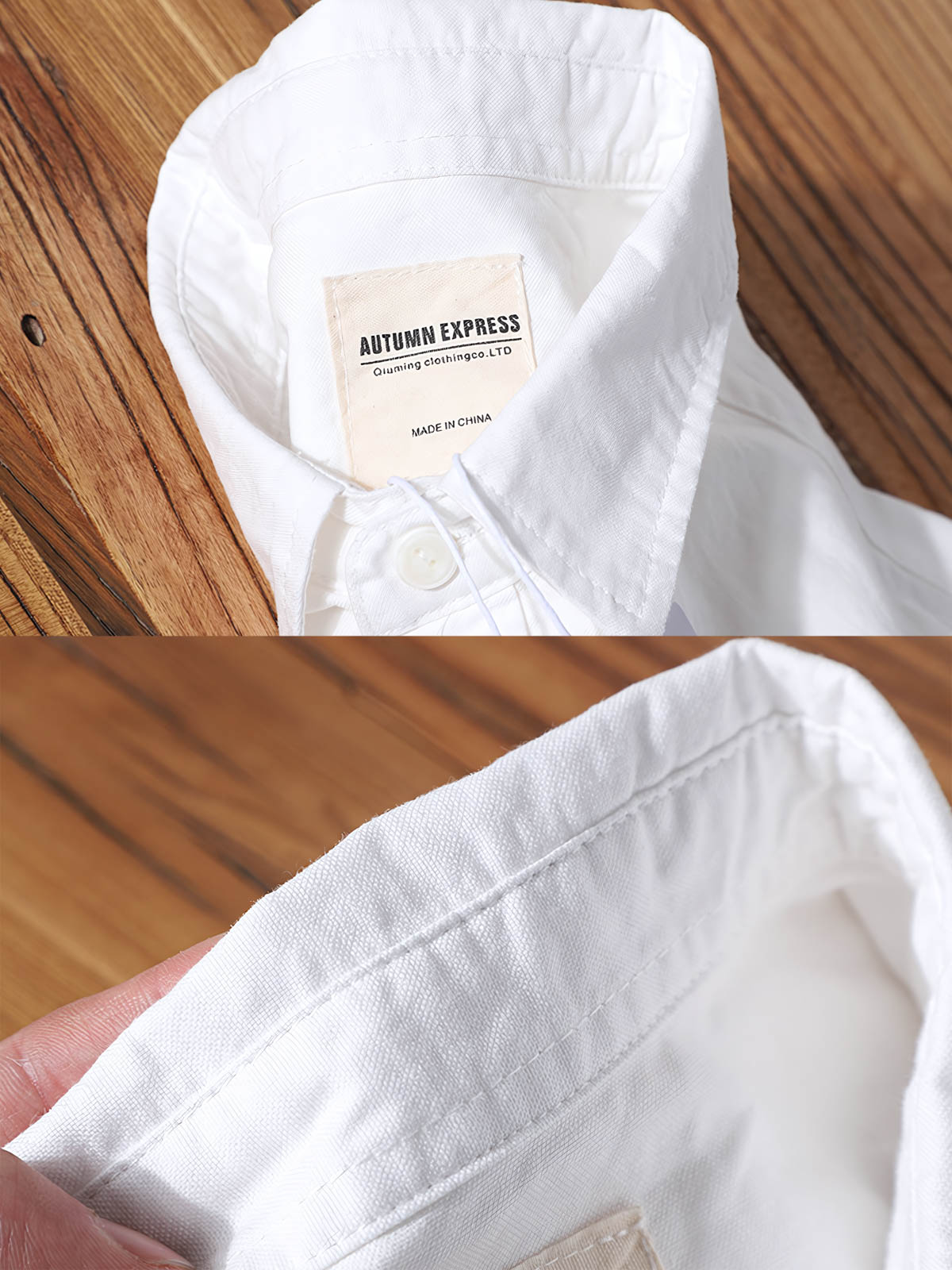 製品画像: クラシックホワイトオックスフォード長袖シャツ全体展示 詳細画像: シャツのディテールと生地の質感をクローズアップ