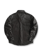 製品画像: フェイクオイルワックス加工 ウエスタン風 デニムシャツ正面
詳細画像: 襟元のダメージ加工とチェーンステッチのディテール