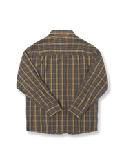 製品画像: アメカジヴィンテージスタイルのヘビーボッシュ加工された100%コットンチェックシャツ正面図
詳細画像: ピリング防止技術が施された非対称ダブルポケットとヘビーボッシュ加工チェック柄生地のディテール