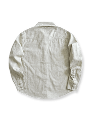 製品画像: ウエスタン風カラムシシャツ メンズ 正面全体画像、高品質カラムシ生地使用
詳細画像: ウエスタン風カラムシシャツ メンズ ディテール画像、隠しボタン、60年代チェーンステッチ工法、レトロデザインのクローズアップ