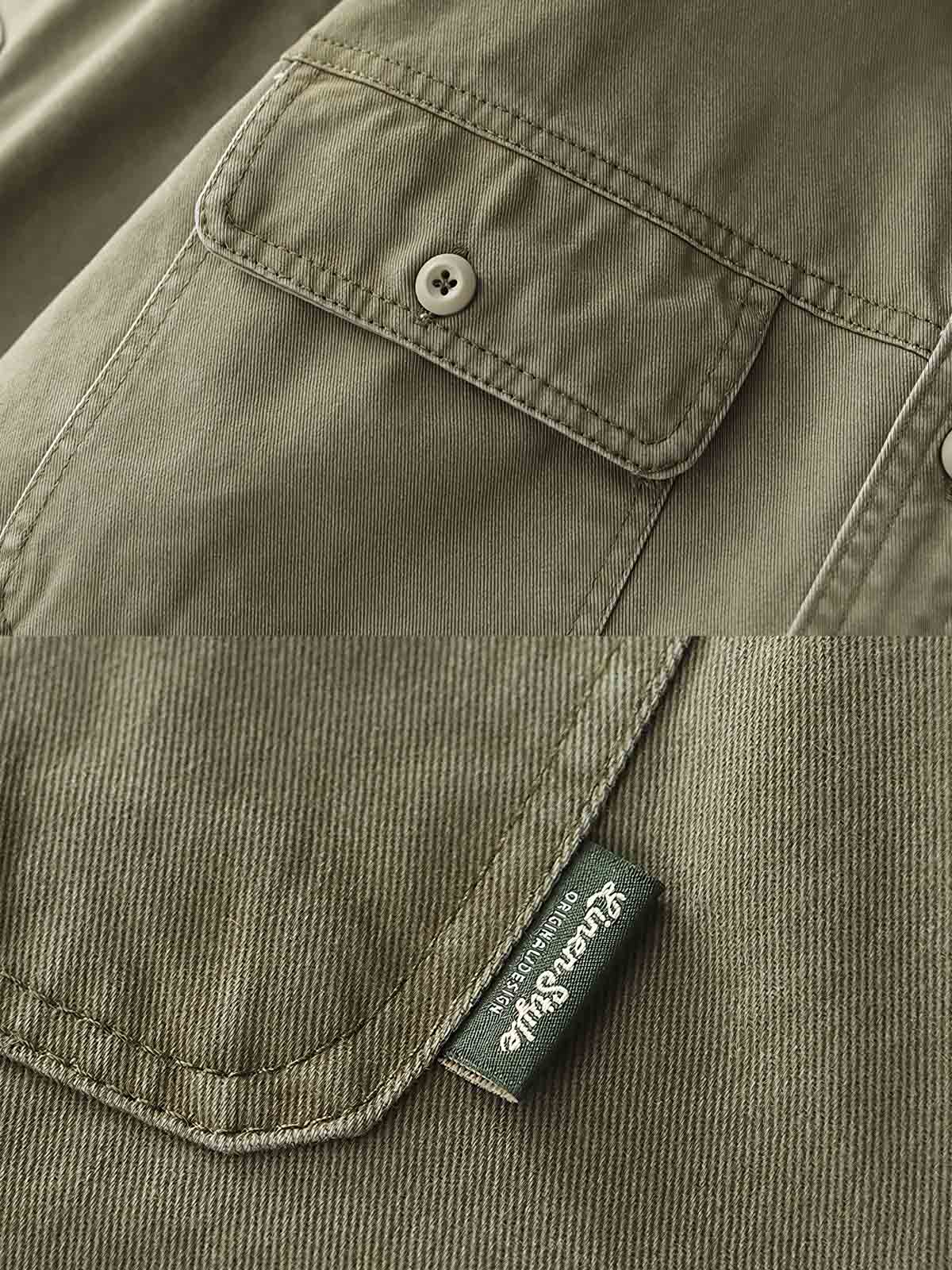 製品画像: ヴィンテージ風ワークシャツの正面全体展示、ワイドシルエットとクラシックなデザインを強調。
詳細画像: 袖部分のパッチデザインとダブルポケットのディテール展示、しっかりとした生地感を表現。