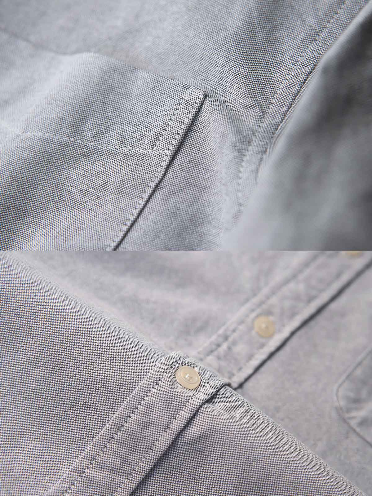 製品画像: エスニック刺繍スリーブのオックスフォードシャツの正面展示 詳細画像: 袖に施されたエスニック刺繍のディテール