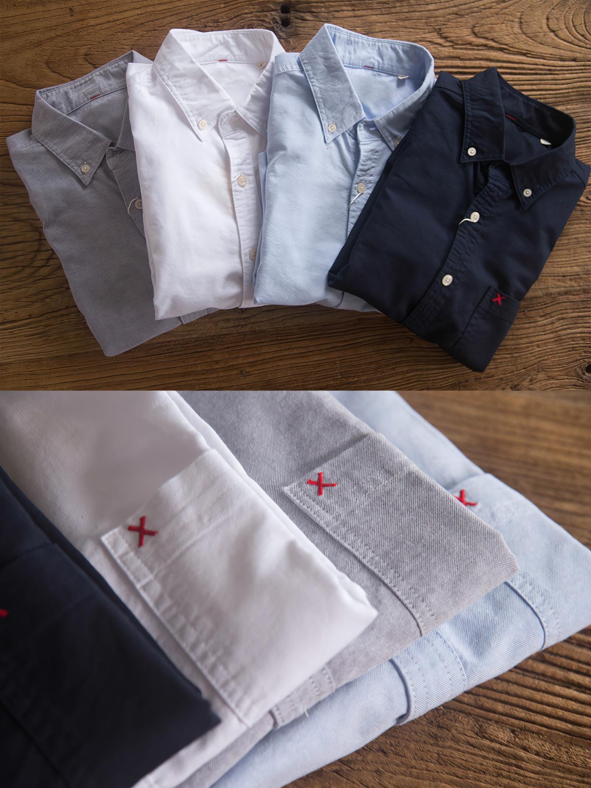 製品画像: パッチワークデザインが施されたオックスフォードシャツの正面全体展示。