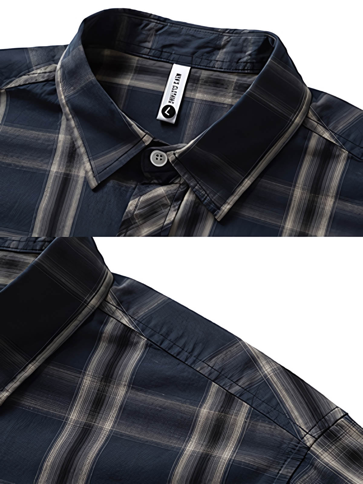 詳細画像: シャツのディテールとポケットのデザインを示すクローズアップ画像