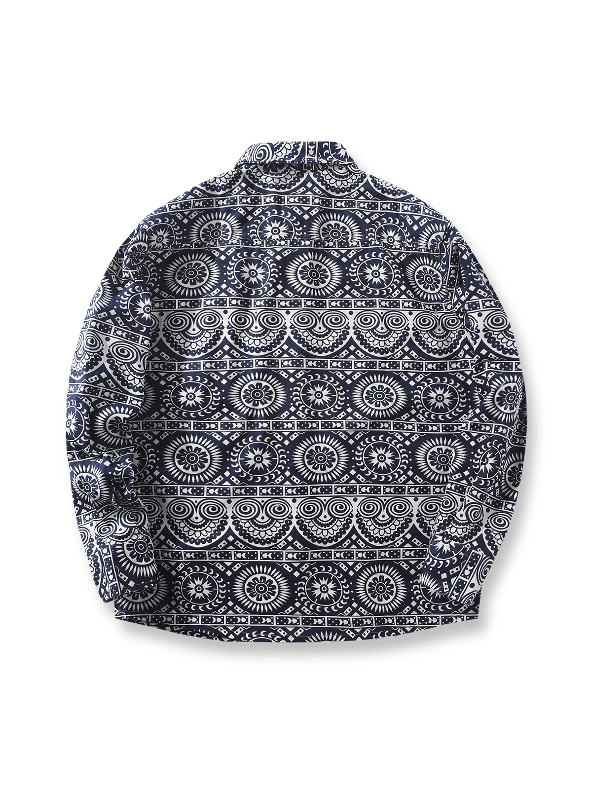 製品画像: ツイルコットンのヴィンテージエスニック柄プリントシャツ全体像
詳細画像: プリントのディテールとツイル織り