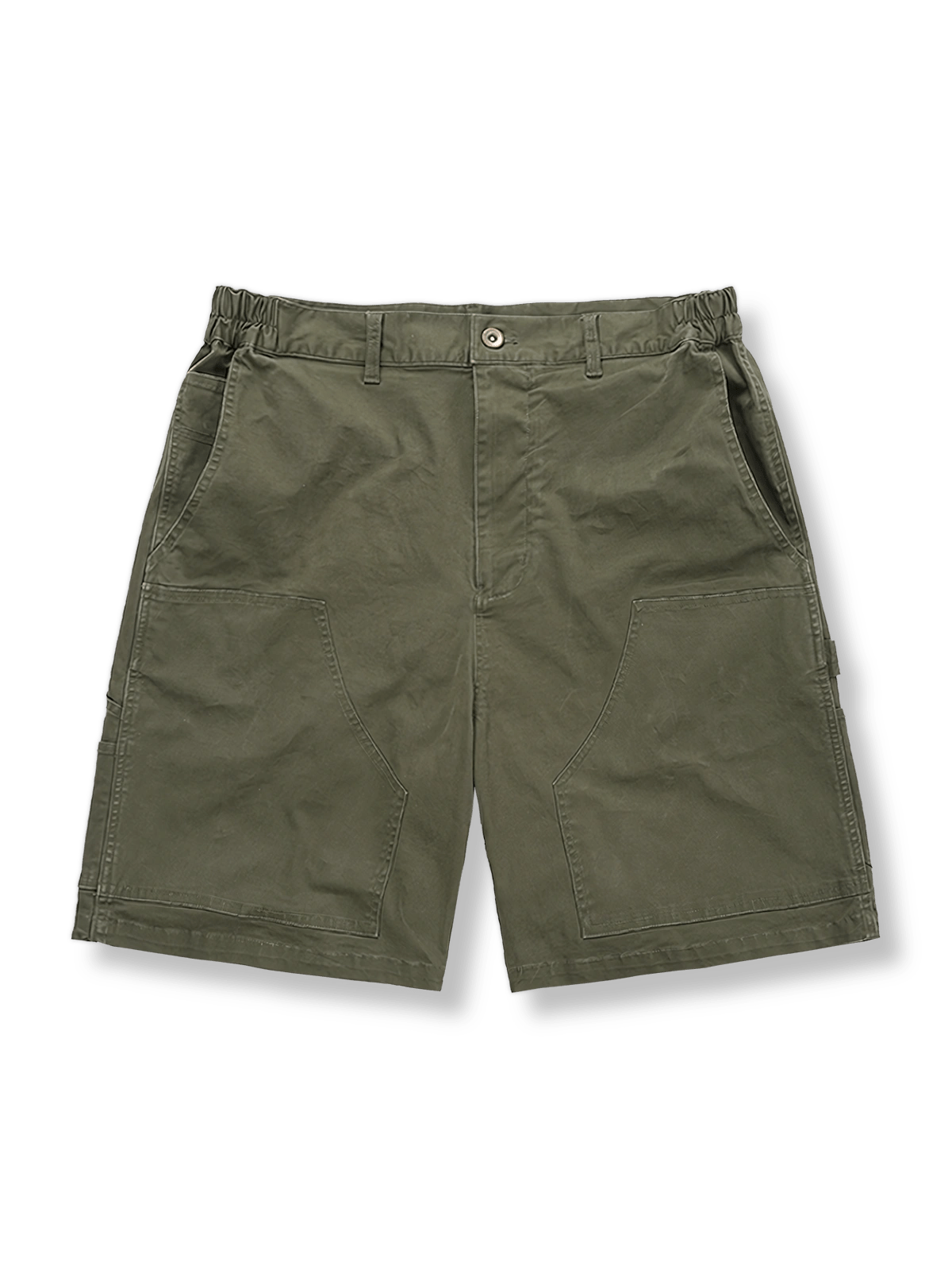 ウォッシュド多ポケットカーゴハーフパンツの正面図、細やかなテクスチャーと多ポケットデザインを示す