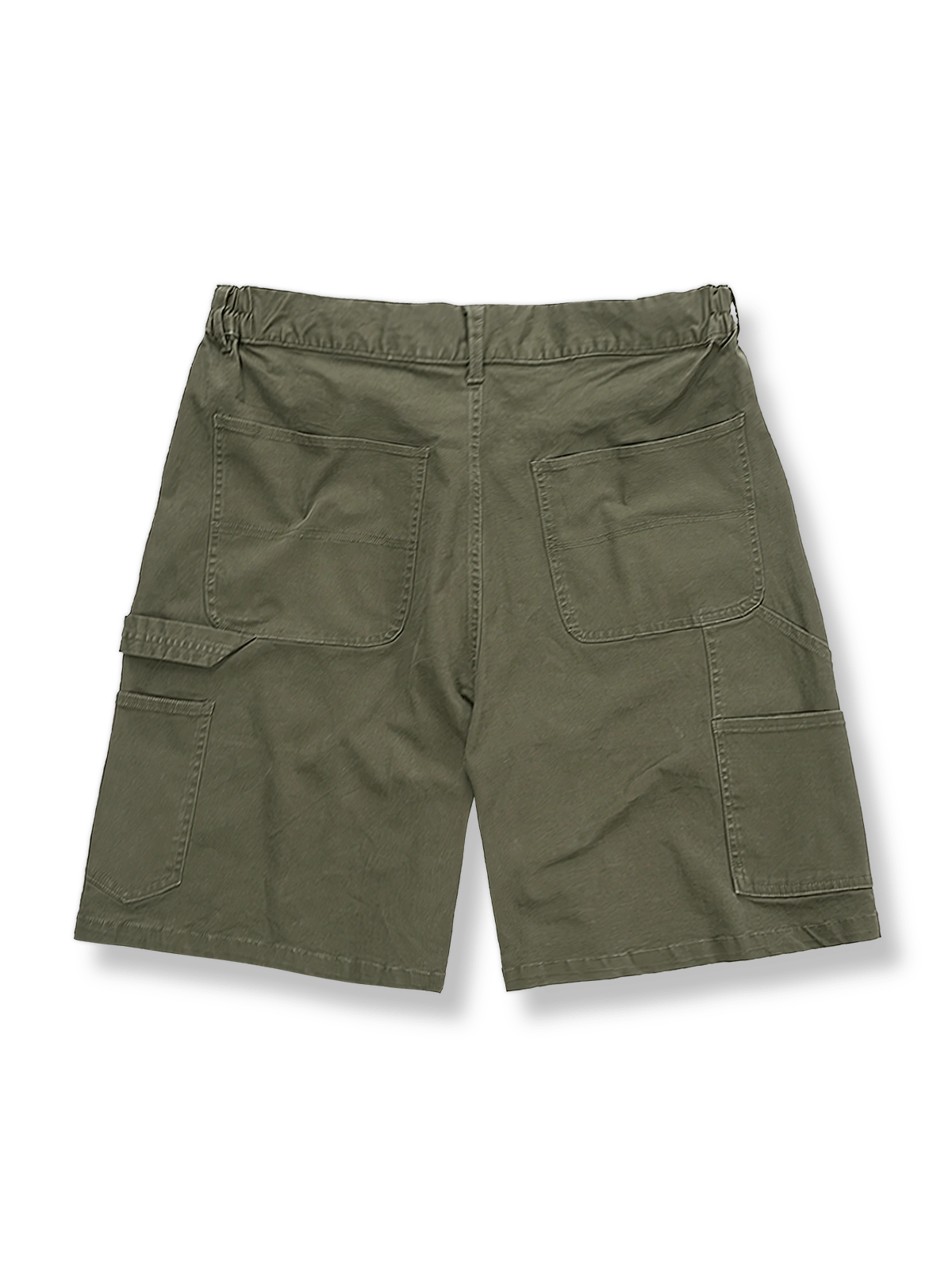 ウォッシュド多ポケットカーゴハーフパンツの正面図、細やかなテクスチャーと多ポケットデザインを示す