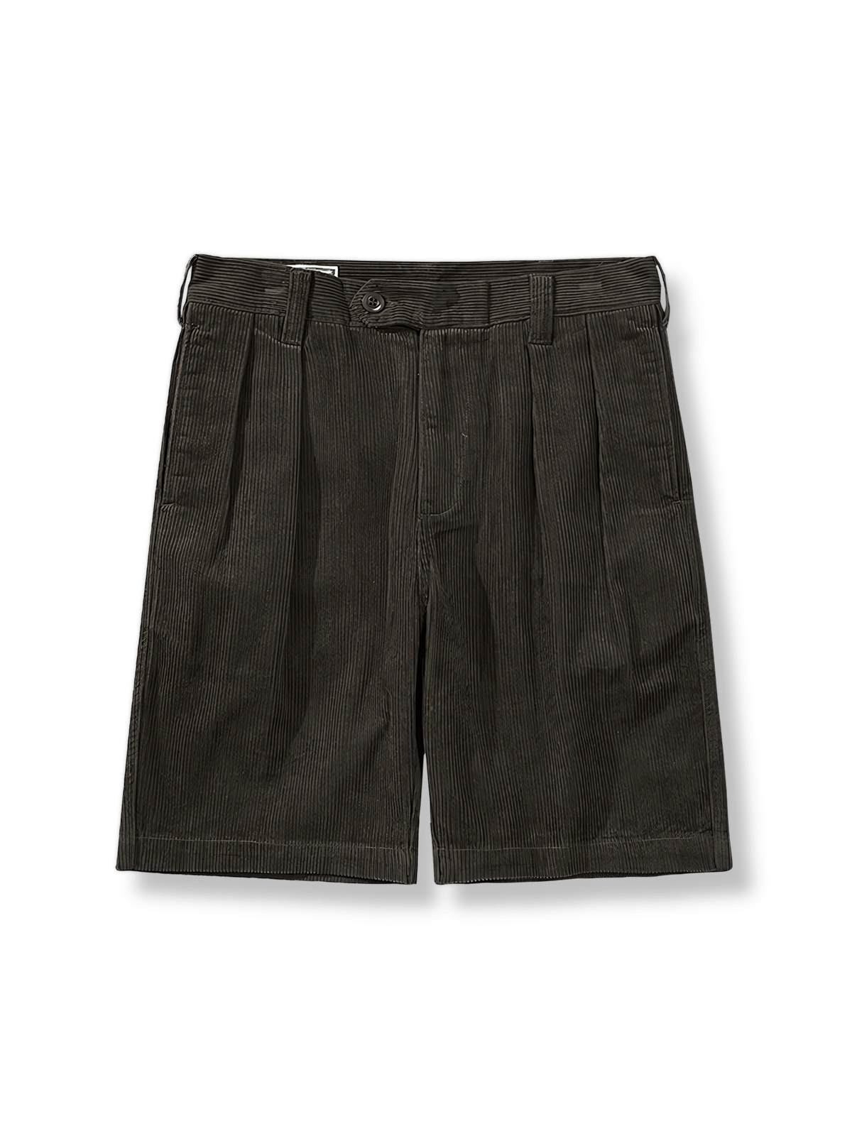 様々な色のメンズコーデュロイショーツを展示し、そのレトロスタイルとディテールデザインを強調。