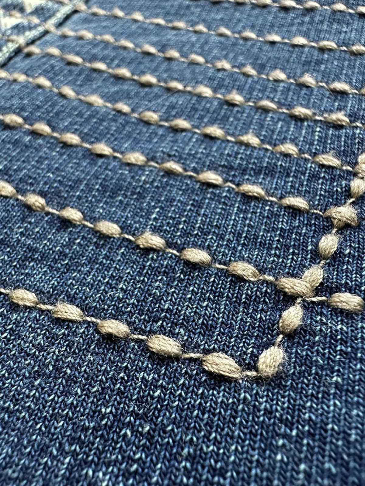 インディゴパッチワークはんてんのパッチワークディテールとウォッシュ加工されたデニムのクローズアップ。風合い豊かな素材が快適な着心地を実現。