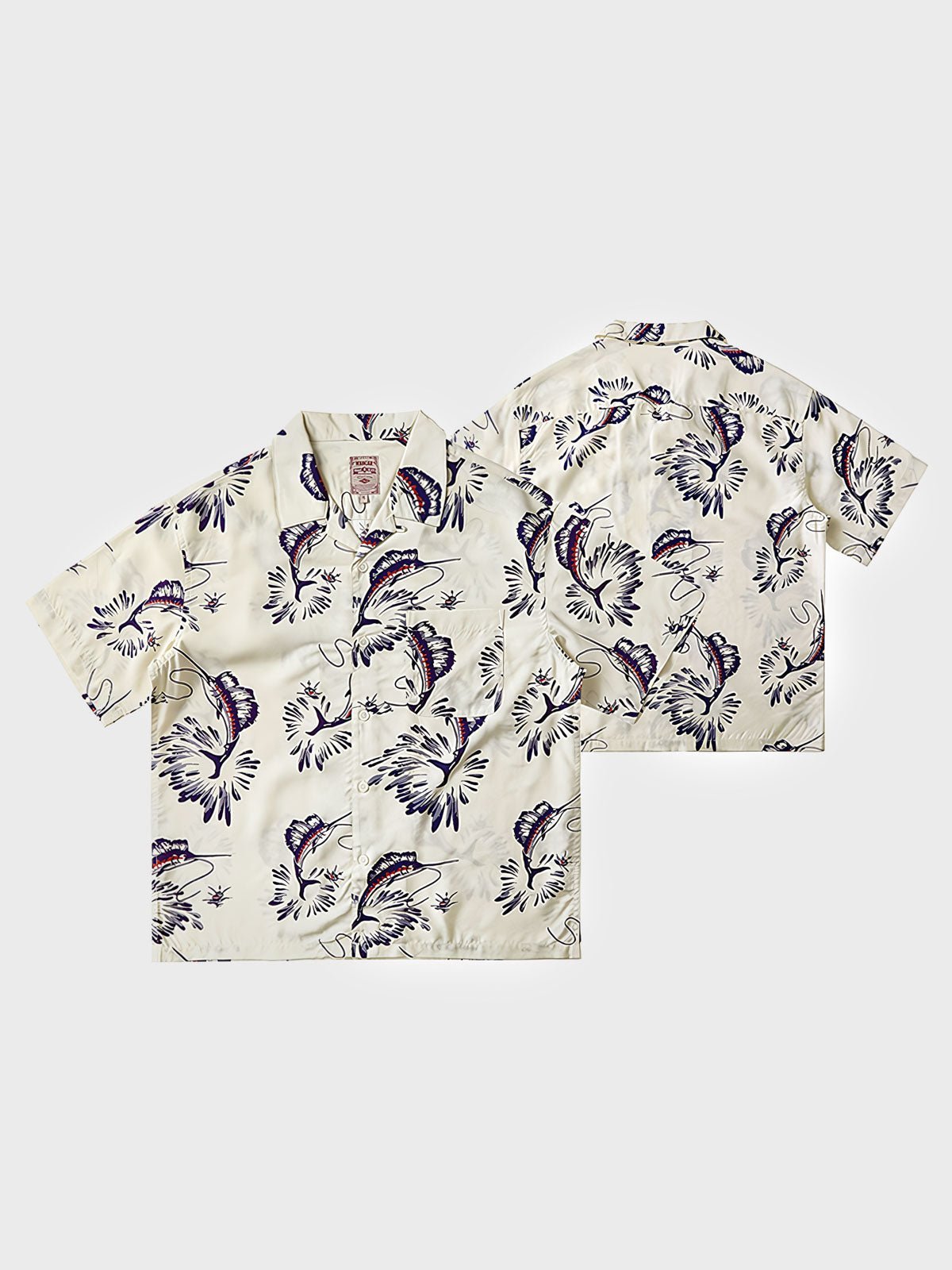 カジキプリントのハワイアン半袖シャツ、キューバンカラーとリラックスフィットでデザインされています。