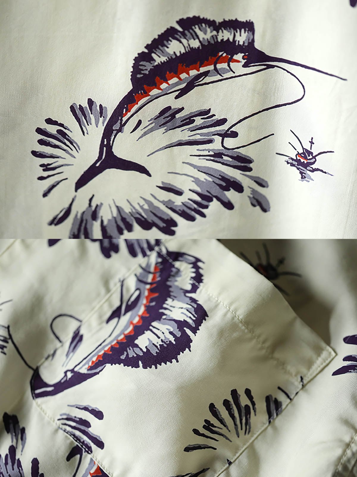 カジキプリントのハワイアン半袖シャツ、キューバンカラーとリラックスフィットでデザインされています。