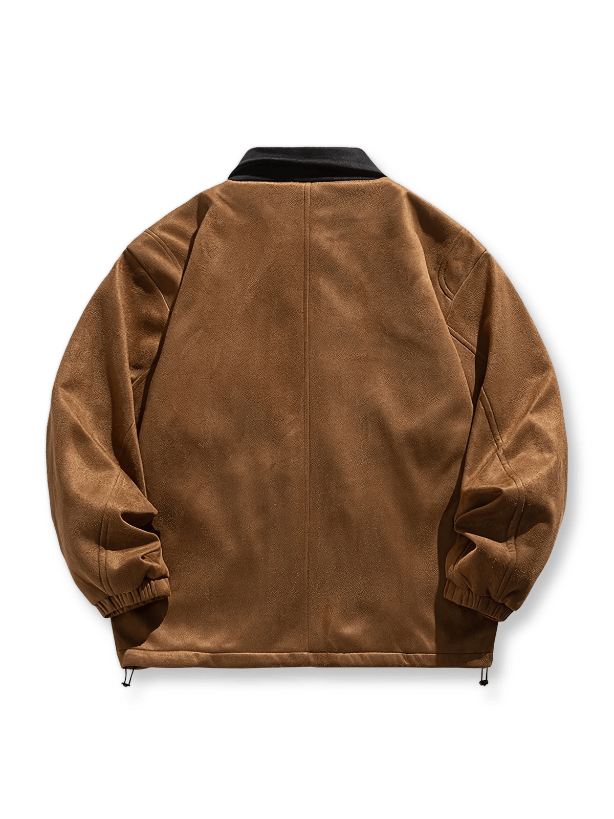 製品画像: カーキとブラックのスエード調ハンティングジャケットのカラーバリエーション
詳細画像: 襟とフラップポケットのワーク風ディテール特写