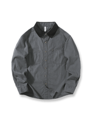 製品画像: ウォッシュ加工ヴィンテージシャツの正面全体展示、クラシックなデザインとヴィンテージ感を強調。