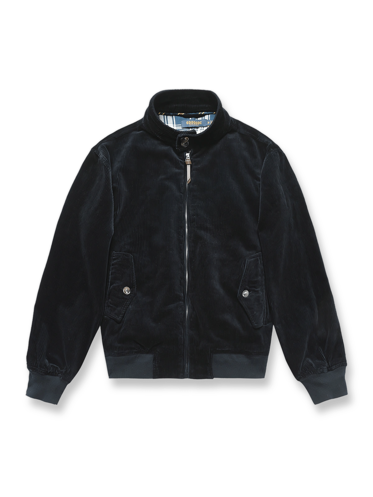 製品画像: コーデュロイスタンドカラーハリントンジャケット、G9スタイル、ヴィンテージファッション
詳細画像: アンバーボタンとTalonジッパーが特徴のコーデュロイジャケット