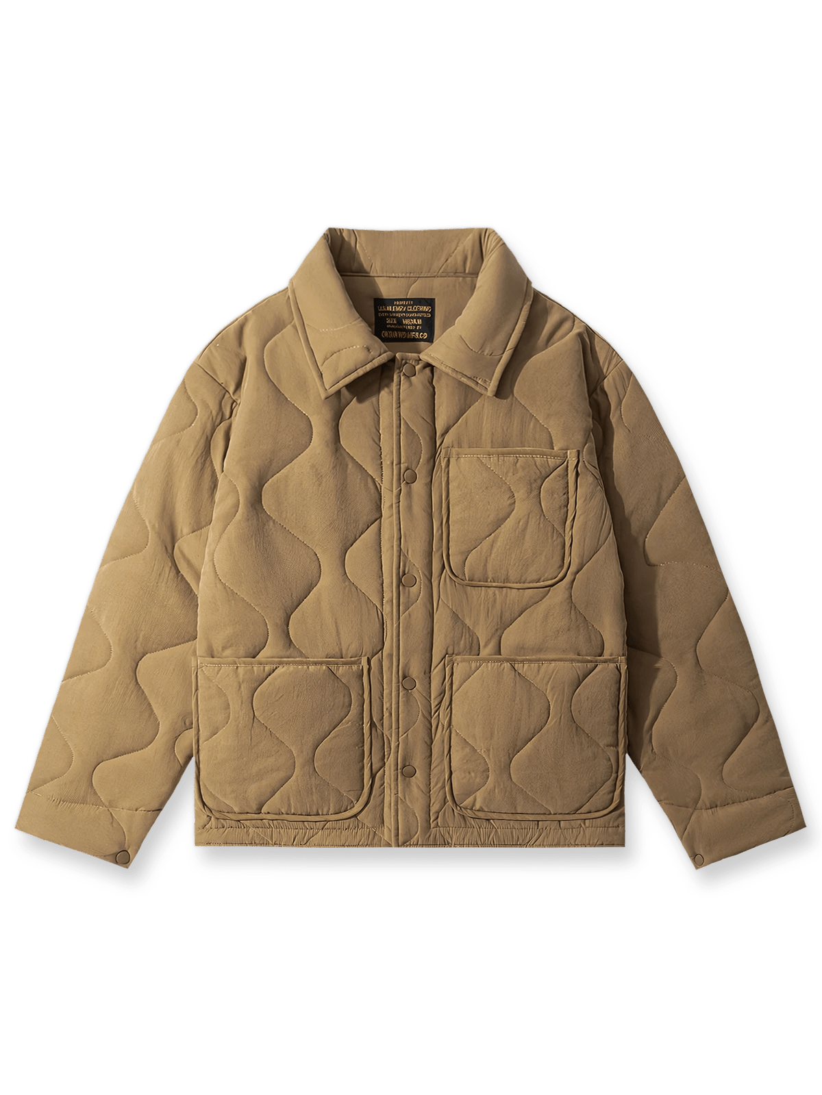 製品画像: ヴィンテージ風ひょうたん型キルティング中綿ジャケットのフロントビュー
詳細画像: ひょうたん型キルティング模様のディテール特写