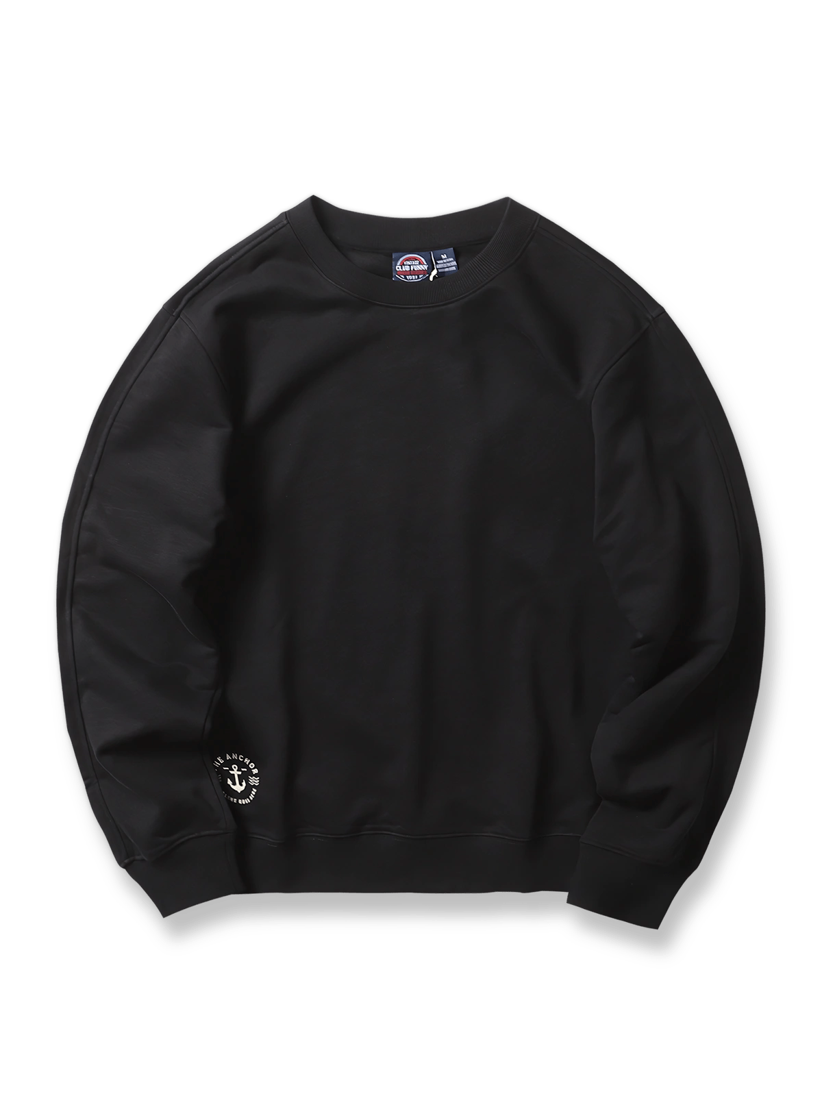 製品画像: ネイビーのアンカー柄エンブレムが施されたクルーネックプルオーバー長袖スウェットシャツの正面画像。ミリタリーデザインと100%コットン素材の特徴を表示。
詳細画像: ネイビーのアンカー柄エンブレムのディテール画像。スウェットシャツの質感とエンブレムのクローズアップ。