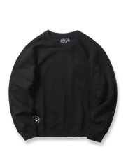 製品画像: ネイビーのアンカー柄エンブレムが施されたクルーネックプルオーバー長袖スウェットシャツの正面画像。ミリタリーデザインと100%コットン素材の特徴を表示。
詳細画像: ネイビーのアンカー柄エンブレムのディテール画像。スウェットシャツの質感とエンブレムのクローズアップ。