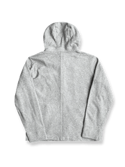 製品画像: クラシックグレーのコットンフーディージャケット、シンプルなデザイン、正面の平置き写真
詳細画像: スナップボタンとフードのディテール特写、機能性とデザインの完璧なバランス