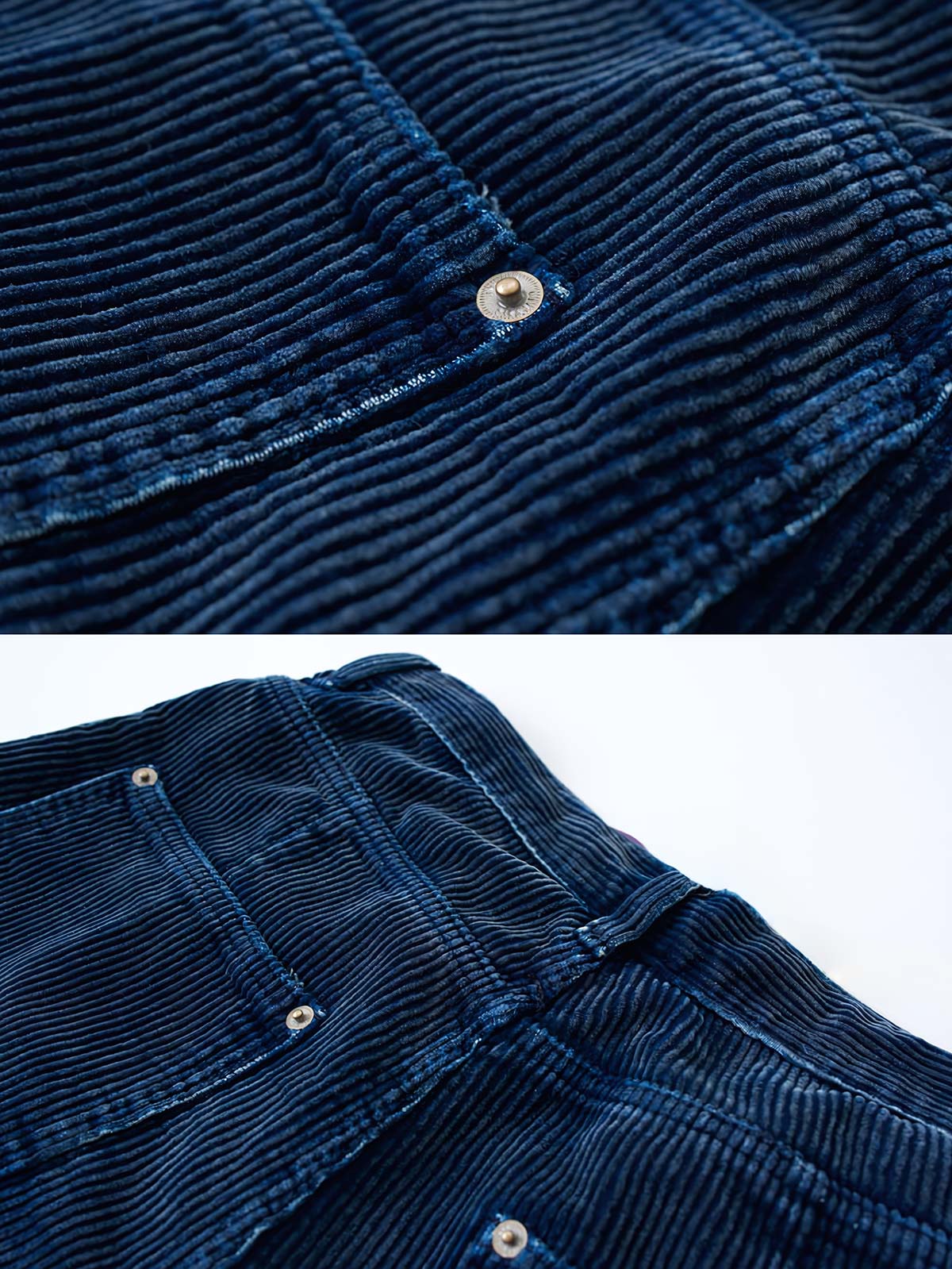 製品画像: コーデュロイテーパードワークパンツの正面展示
詳細画像: ウエストと裾のディテールのクローズアップ