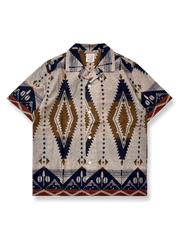 アメリカンヴィンテージスタイルのインディアン風幾何学模様キューバカラー半袖シャツの正面画像