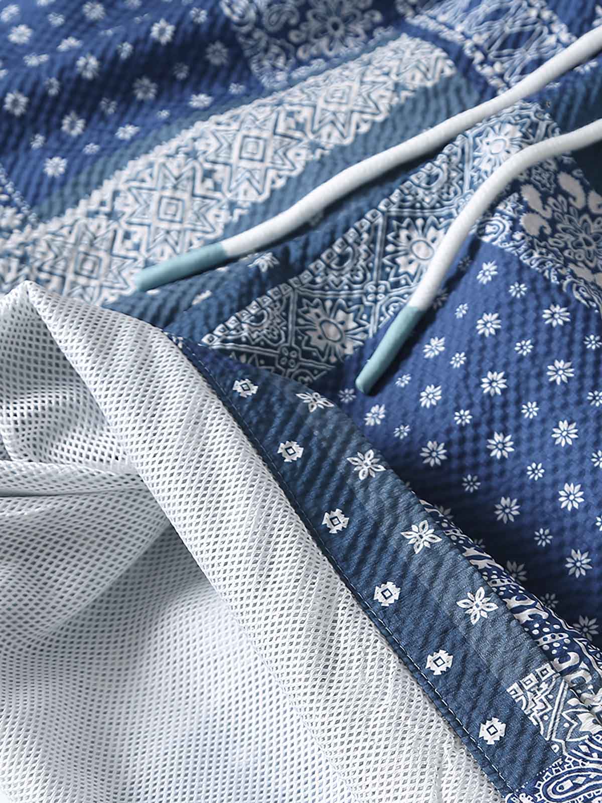 ヴィンテージ風の民族柄ハワイアン速乾シワ加工隠しポケット付きショートパンツのディテール