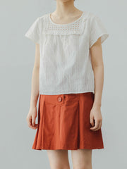 スクエアネック レースショート丈 コットンブラウス