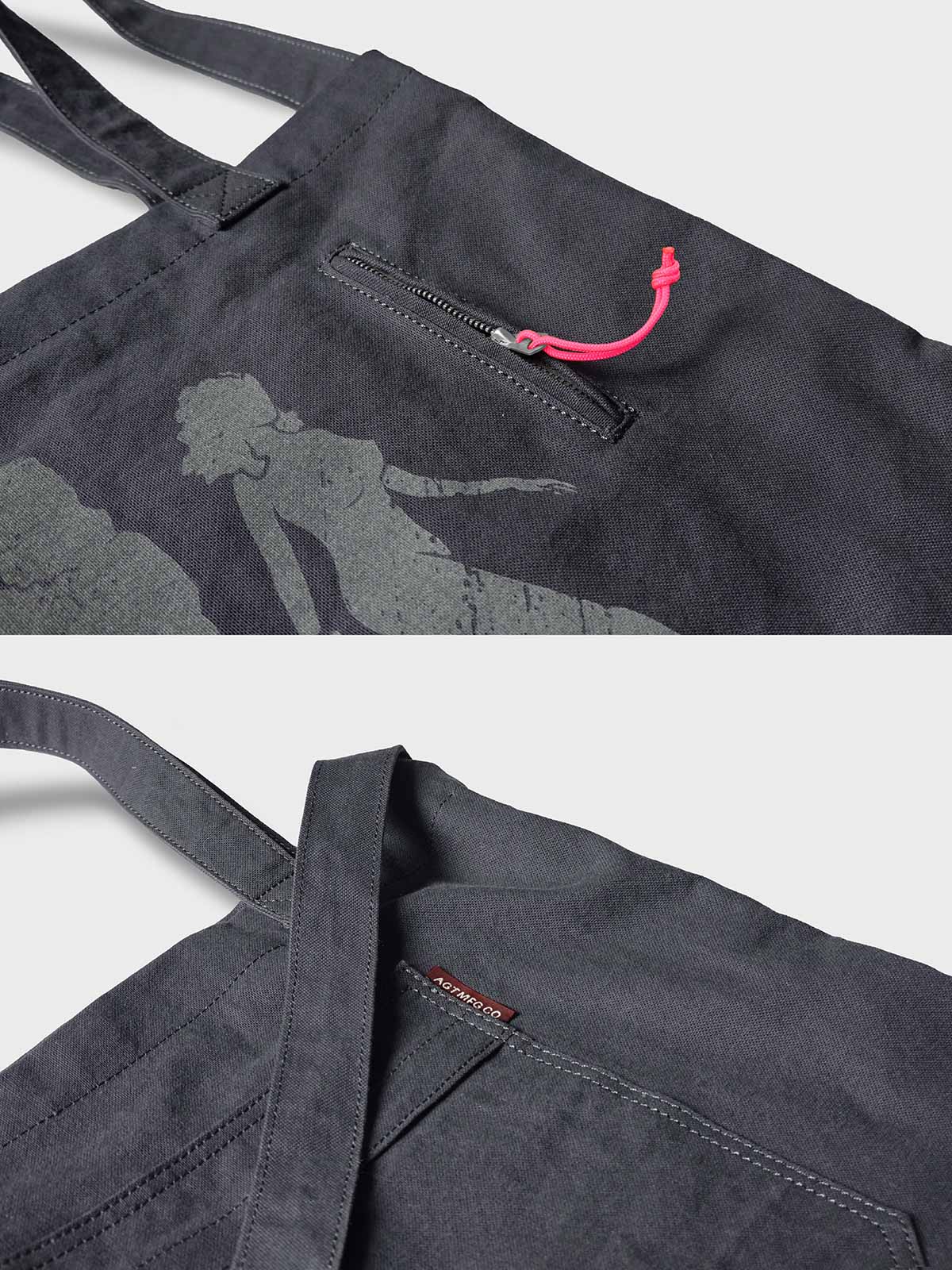 製品画像: ウォッシュ加工キャンバス通勤バッグの正面画像。PCスリーブ付きで、通勤やライディングに適したデザイン。
詳細画像: 外側のジッパーポケットとスマートフォン用ポケットのディテール画像。小物収納に便利な実用的デザイン。