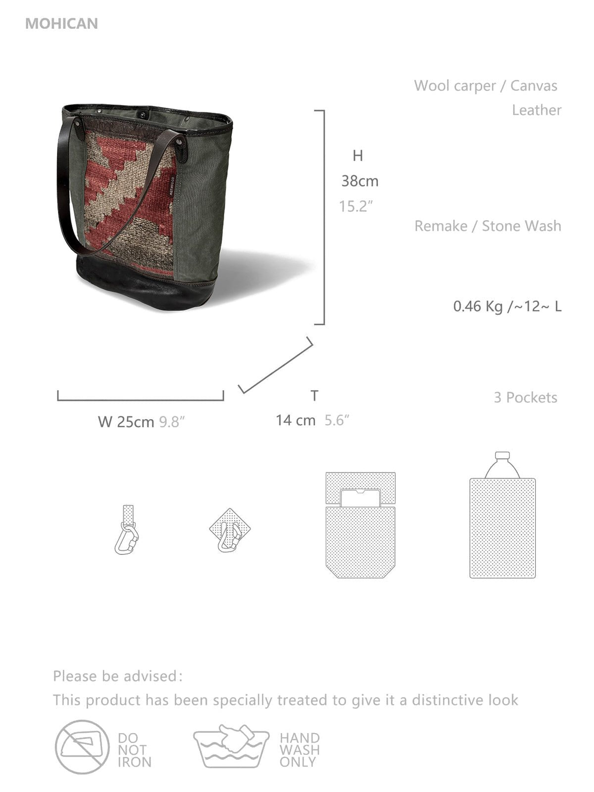 製品画像: インディアンラグヴィンテージキャンバストートバッグの正面画像。キャンバスとレザーを組み合わせた12Lの大容量設計。
詳細画像: ヴィンテージトートバッグのレザーとウールラグのコンビネーションディテール画像。独特のデザインが特徴的な素材の組み合わせ。